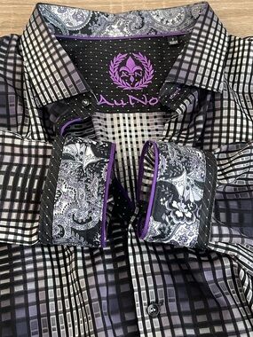 Au Noir Black and Purple Plaid Dress Shirt with Paisley Trim